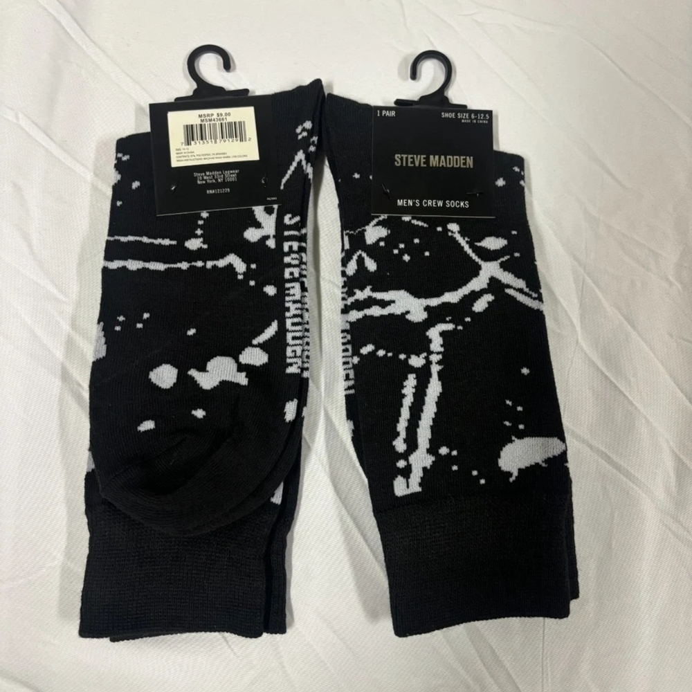 Steve Madden Black White Paint Splatter Pattern Crew Socks Size 6-12.5-Set 2 NEW
